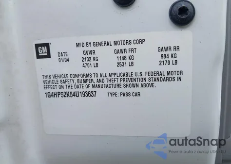 2004 Buick Lesabre Custom из США, поврежденный, VIN 1G4HP52K54U193637